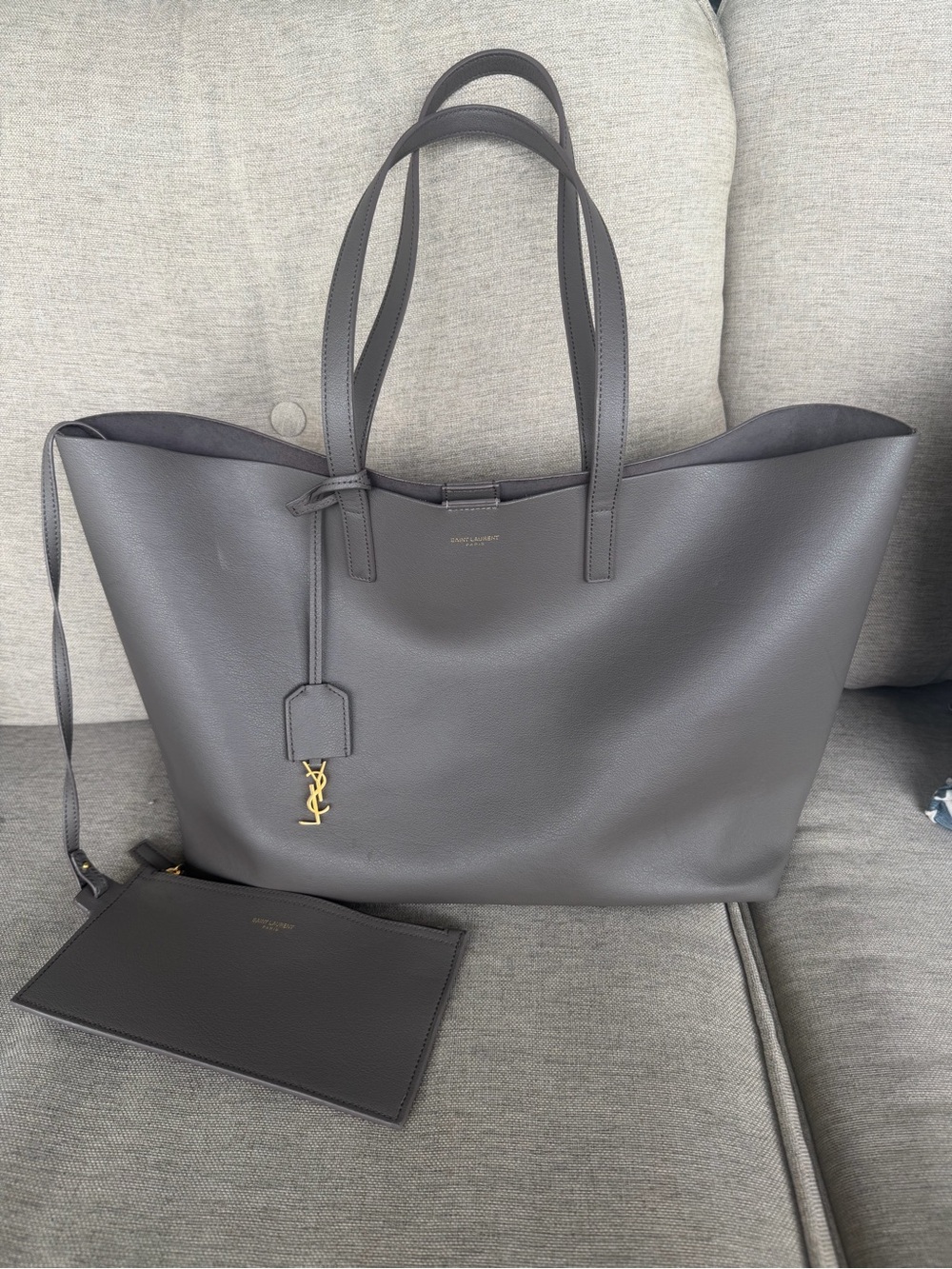Saint Laurent Grey Leather Tote with Gold YSL Charm - Picture 2 of 15